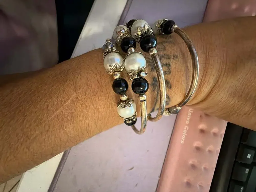 Silver Tone Bangle Stackable Black and White Faux Pearls and Crystal Accents
